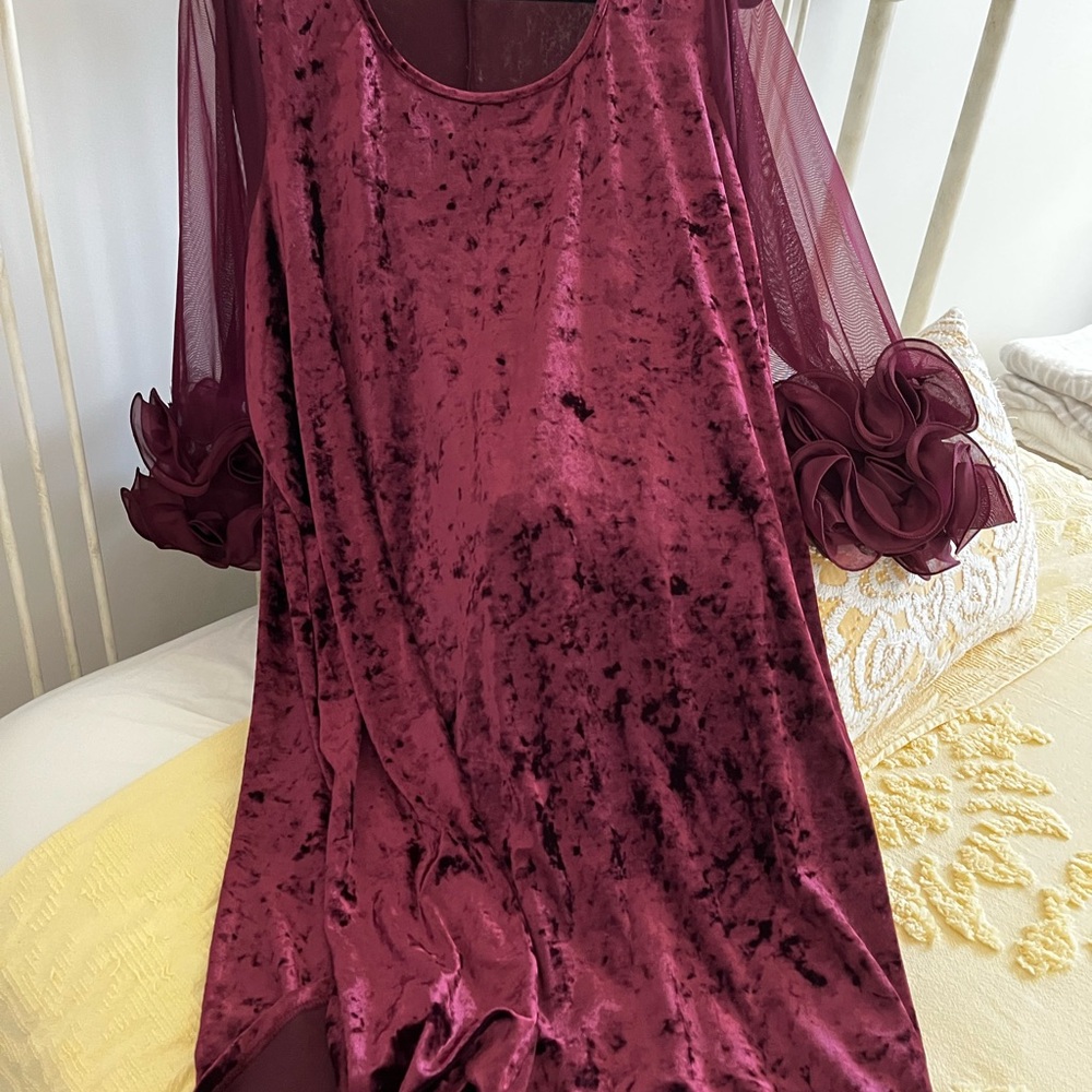 Velvet Chiffon-Sleeve Midi Dress - Burgundy size 2X